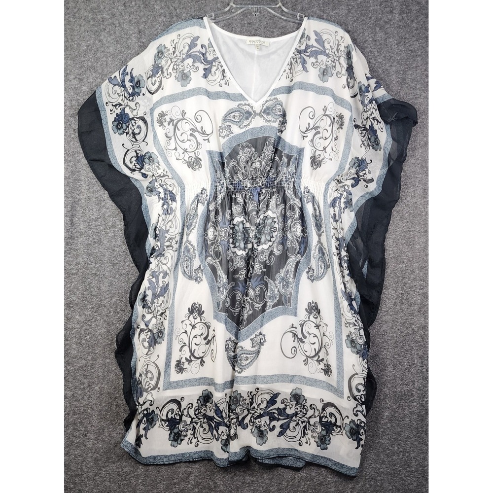 Speed Control New York Kaftan Dress Women 2X White Blue Paisley Smocked Chiffon